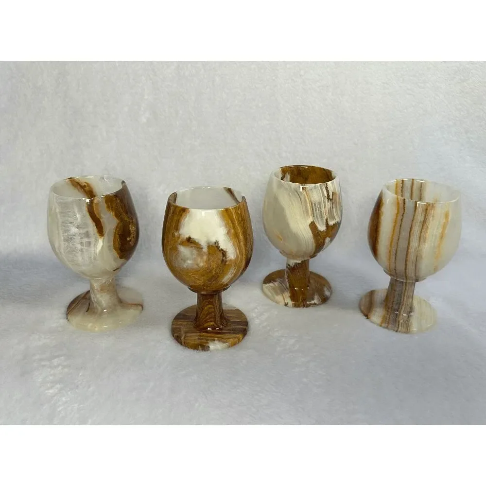 Marble Onyx Short Stem Wine Goblets, Set of Four, Cream/Brown Marbling